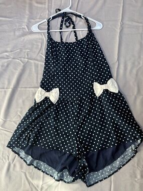 Free People Navy Polka Dot Halter Romper with Ivory Bows